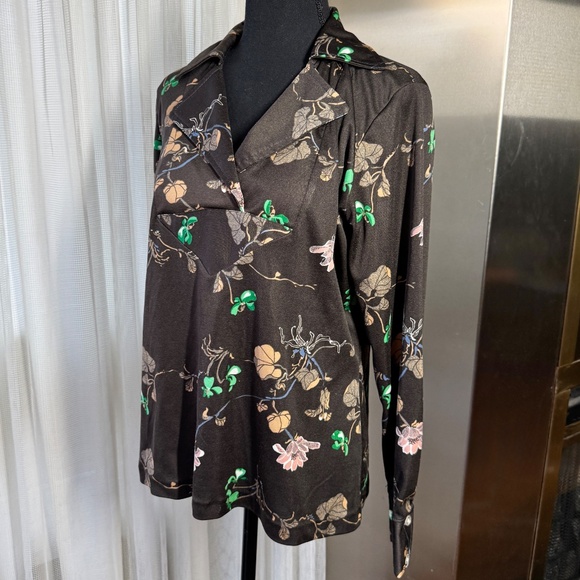 Vintage 70s blouse, chocolate brown, pink, tan floral, long sleeves, 12/14 (L) - Picture 3 of 9